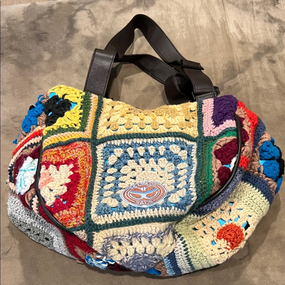 Salvage Sacs NWT Jeffrey Bag.  Multicolor Crochet Shoulder Bag with Leather open